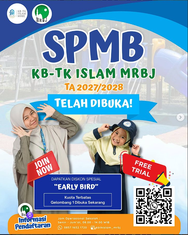 Brosur SPMB KB–TK Islam MRBJ tahun ajaran 2027/2028: pendaftaran dibuka, free trial dan promo early bird